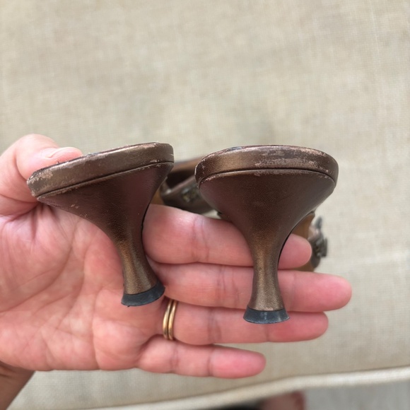 Manolo Blahnik 2000s Silver & Gold Coin Brown Leather Mule Heels - Picture 13 of 13